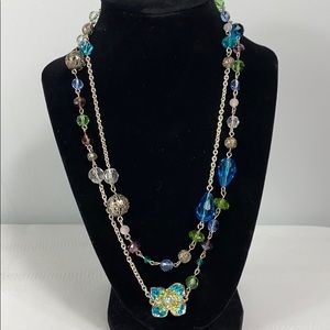 Beaded Floral Necklace Long Silver Tone Chain